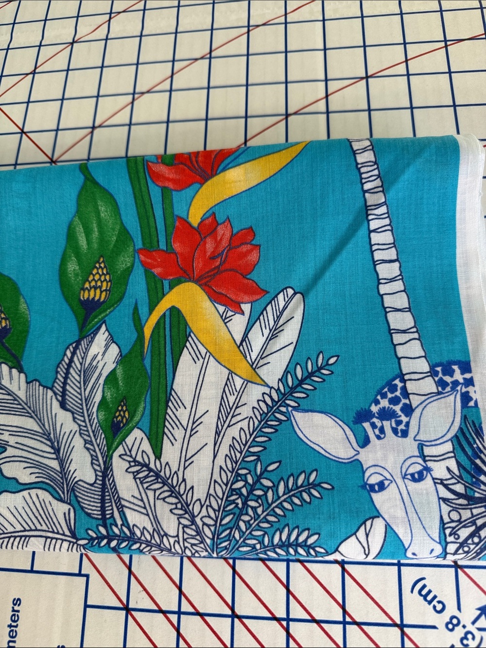 Vintage 80s 90s Tropical Giraffe Palm Fabric 3.5 Yds x 42 Rayon Feel